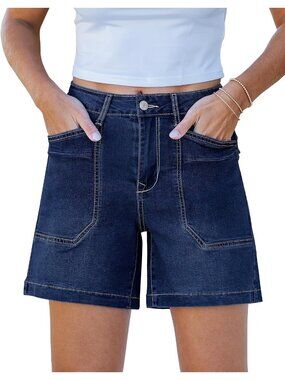 Women's Blue Trendy Mid Rise Summer Jorts Stretchy Denim Shorts with Pockects